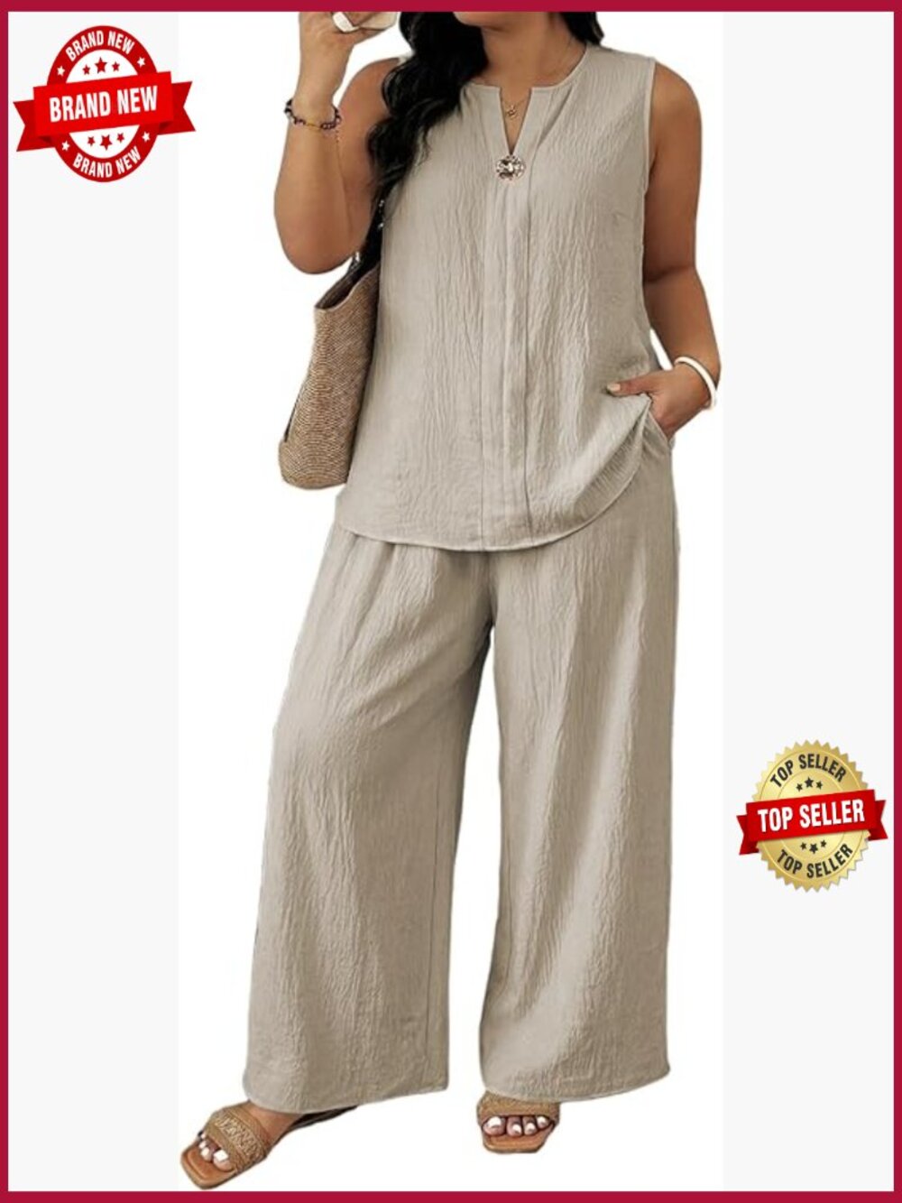 Plus Size 2 Piece Matching Sets Sleeveless Top Wide Leg Pants Summer Travel